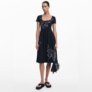 Desigual Butterfly Square Neckline Black and White Midi Dress